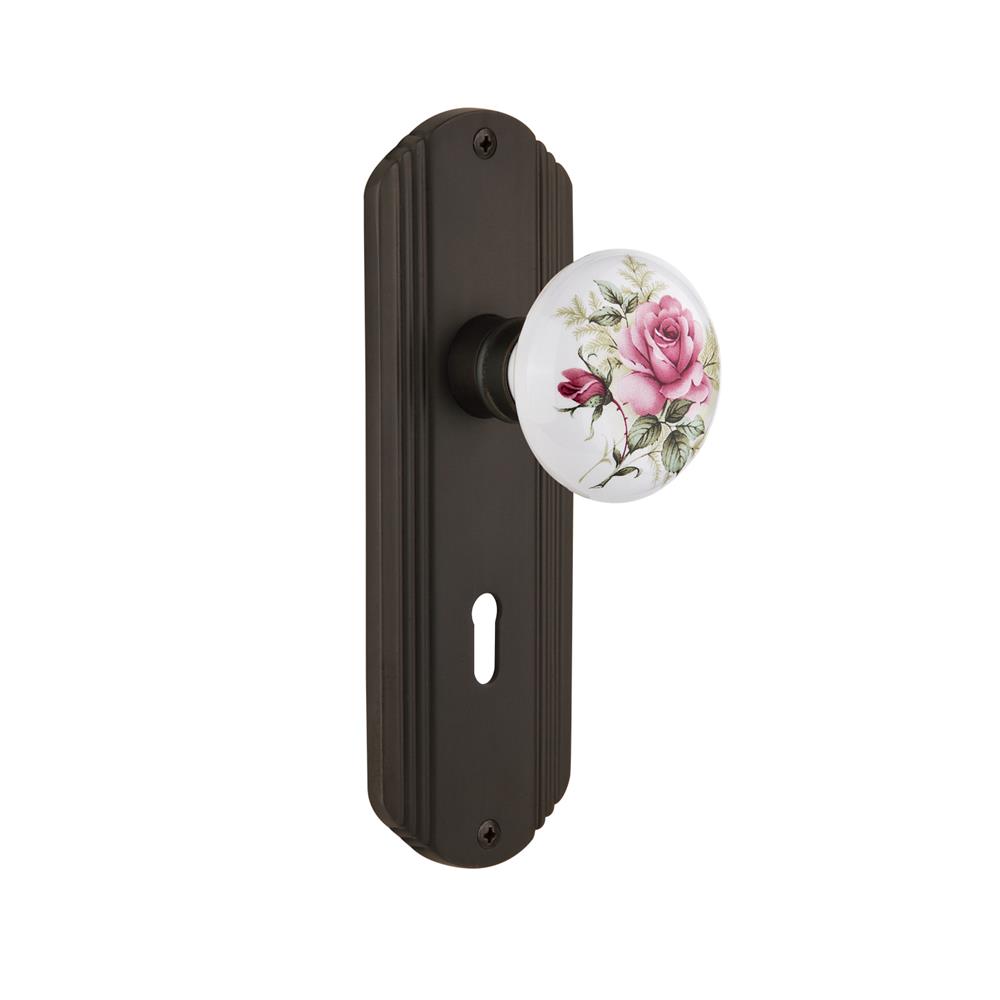Nostalgic Warehouse 718185  Deco Plate with Keyhole Privacy White Rose Porcelain Door Knob in Oil-Rubbed Bronze